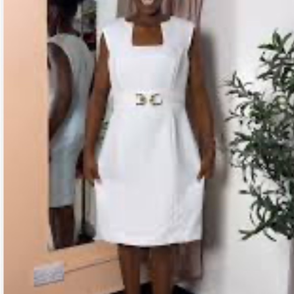 Tahari Dresses & Skirts - TAHARI White Sleeveless Square Neck Gold Buckle Waist Detail Size 6 Dres…